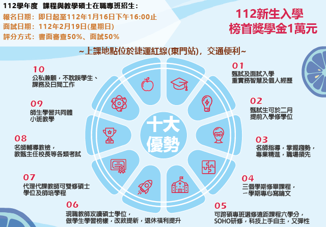 112學年度課程與教學碩士在職專班招生資訊，歡迎踴躍報考。